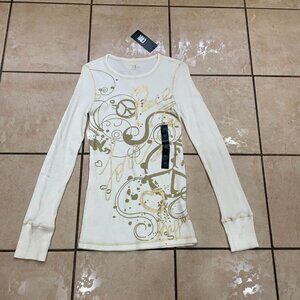 LL Cool J Juniors Beige/Gold M Peace Sign Screen Thermal Long Sleeve T Shirt
